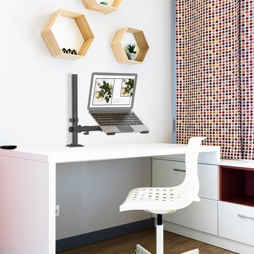 Laptop Desk Mount, Single Laptop Stand Arm with Vented Tray for 17 inch Notebook or 14”-32” Monitor, Holds up to 17.6 lbs, Fully Adjustable, Clamp/Grommet Mounting, VESA 75/100mm