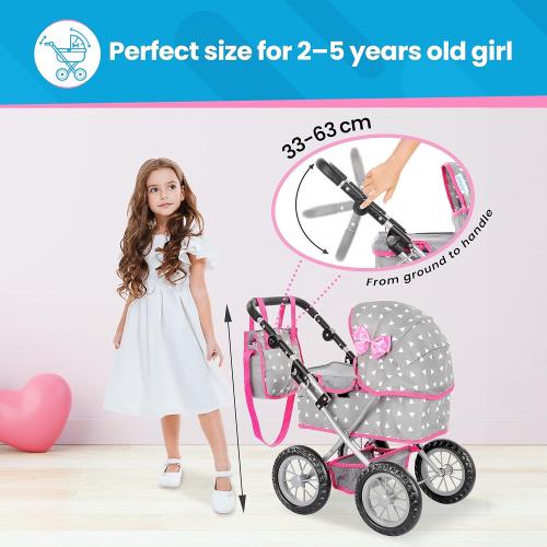 Kinderplay Baby Doll Stroller | Baby Doll Pram | Baby Doll Carriage - Stroller for Baby Dolls with Adjustable Handle (12.99-24.80 inches) | Babydoll Reborn Strollers | Model KP0261S