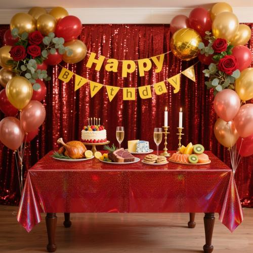 4Pcs Red and Black Holographic Tablecloths Rectangular Black Iridescent Tablecloth Shimmer Metallic Red Table Covers for Halloween Retirement Family Gatherings Christmas Party Supplies, 54 x 108Inch