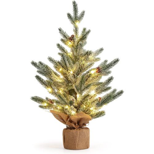 LinTimes 24 Inch Table Top Small Christmas Tree with 50 LED Lights, Prelit Mini Christmas Tree Frosted Pine Tree with Red Berries for Home Table Centerpiece Dining Room Office Desk Decorations
