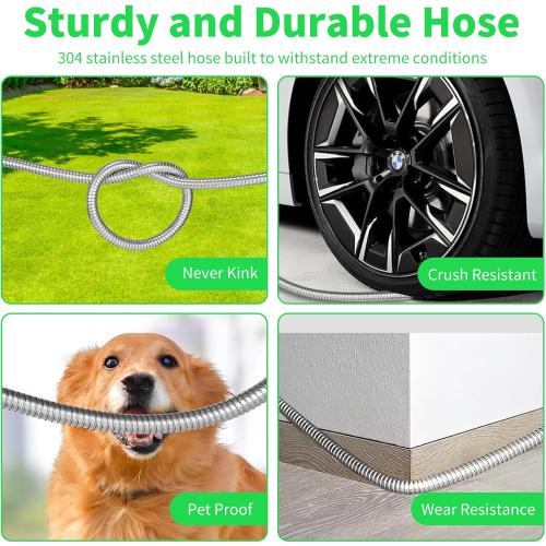 Green and Black Stainless Steel Metal Garden Hose Lightweight, Puncture & Rust Proof Heavy Duty Water Hose for Yard, RV, Garden, Outdoor