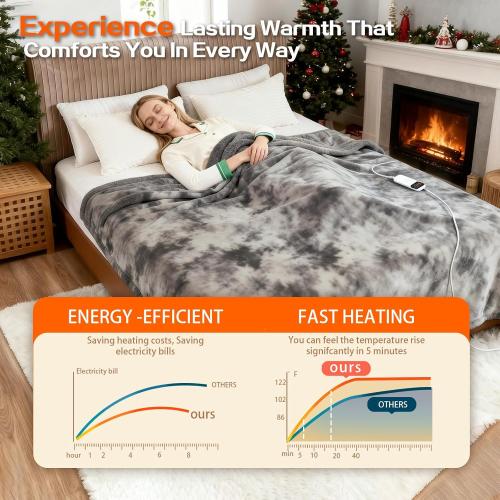 Electric Heated Blanket Throw 50''x60''Size Faux Fur Heating Blanket 10 Heating Settings, 1-8h Timer & Overheat Protection, Machine Washable, Soft Flannel and Sherpa Full Body Warmth