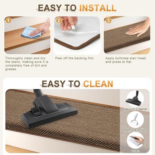 Bullnose Carpet Stair Treads Non Slip for Wooden Steps Indoor, 9.5 x 35 14 Pieces, Extra Wide Bull Nose Carpet Runners for Wood Stairs, Step Covers, Stair Tread Rugs, Washable, Brown