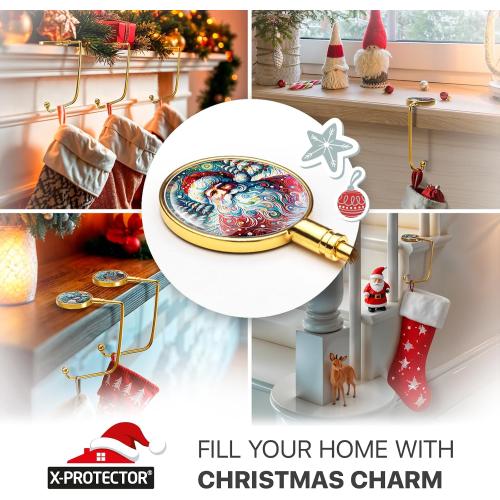 X-Protector Stocking Holders for Mantle - 6 PCS - Premium Christmas Stocking Holder with Non-Slip Bottom - Golden Stocking Hangers for Mantel - Stocking Hooks with Stickers on Top - Merry Christmas!