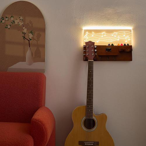 Light up Guitar Stand Wall Mount Wood Hanger Shelf with Pick Holder and 3 Hooks for Acoustic Electric Bass Ukulele Violin Guitar Gifts for Musicians Music Lovers Guitarist (Dark Color)