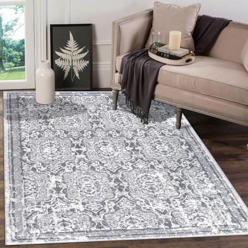 Vaukki Living Room Rug, Vintage Shaggy Soft Laundry Rug, Non Slip Kitchen Area Mat, Washable Farmhouse Bedroom Area Carpet for Bathroom, Kitchen and Kidsroom  Grey