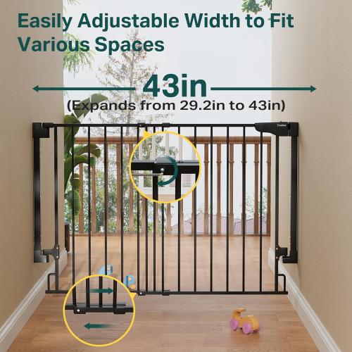 Cumbor 29.2–43 Baby Gate for Stairs, Hardware Mounted (Drill Required), Expandable No Bottom Bar Dog Gate, Auto Close Extra Wide Walk Thru, Pet & Toddler Proof Gate, Top & Bottom of Stairways(Black)
