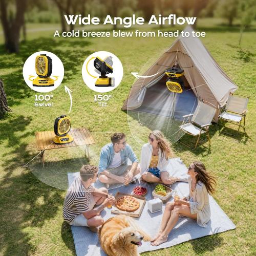 Battery Operated Fan for Dewalt 20V Max battery, Camping Fan with USB A/C & LED Lights, 4 Speeds & Remote Control, Portable/Cordless/Battery Powered fan, for Outside, Jobsite (Battery Not Included)