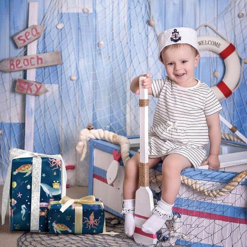 SaringSwoon Ocean Birthday Wrapping Paper for Boys Girls Kids - Navy Blue Gift Wrap with Whales, Octopus, Seahorse and Happy Birthday on Galaxy Design for B-Day Baby Shower - 40×28 Inches, 4 Sheets