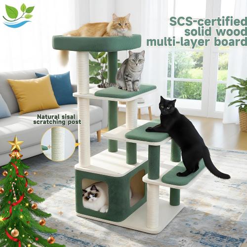 Modern Wood Cat Tree Tower for Large Cats - 43.5 Indoor Wooden Cat Condo with Sisal Scratching Posts, Washable Cushions, Large Top Perch & Easy Climb Steps for Elderly/Short-Legged Cats Multi-Cat Use