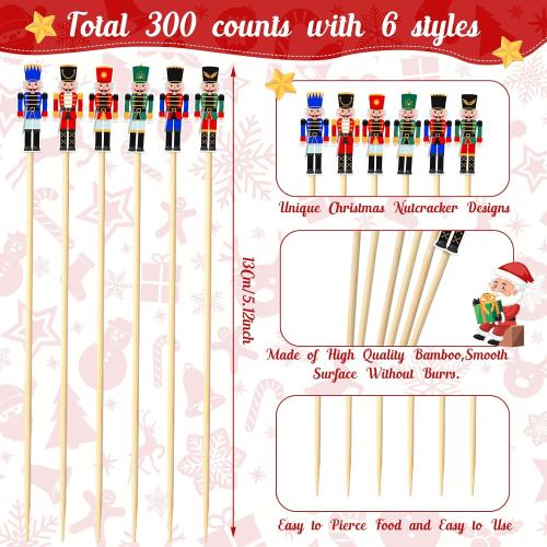 Karenhi Christmas Cocktail Picks 5.1 Inch Nutcrackers Toothpicks Xmas Food Appetizer Picks Bamboo Fruit Dessert Sticks Cupcake Topper Decoration for Christmas Themed Party Supply(300 Pcs)