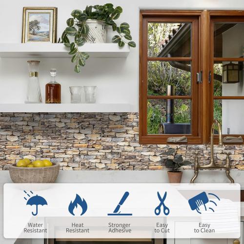 100-Pieces Thick PVC Subway Tile,4x 8 Peel and Stick Backsplash Wall Tiles,Retro Faux Stone Self-Adhesive Backsplash for Kitchen,Bathroom,Living Rooms,Fireplace,RV(11.11 Sq. Ft. Coverage)