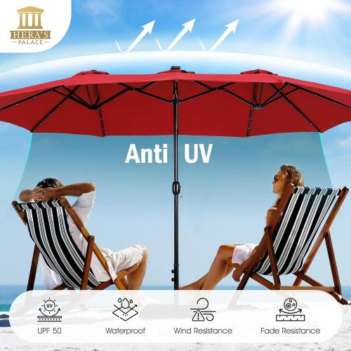 Size 15ft Patio Umbrella with Base Included Double Sided Outdoor Umbrella for Patio Table Umbrella Outdoor 36 LED Solar Lights for Garden