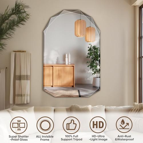 Suidia Bathroom Mirror, 20x 30 Wall Mirror, Frameless Bathroom Mirror with Beveled Edge for Bedroom, Living Room, Entryway, Hallway, Arched Shape