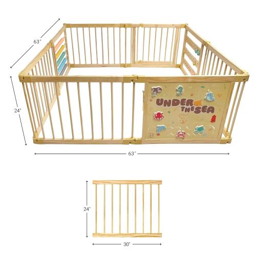 Wooden Playpen Extra Large for Toddlers and Babies - Under The Sea Theme Toy Design - (8/10) Wood Panels - Foldable and Adjustable Baby playpen - Extra Large Baby playpen (8-Panels)