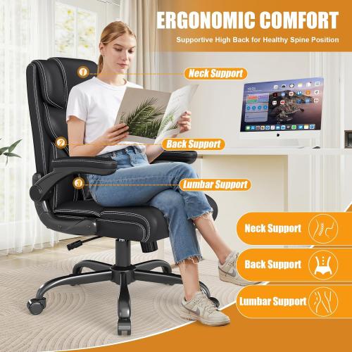Executive Office Chair with Flip-up Armrests,Ergonomic Computer Desk Chairs,Mid-Tall Back Leather Office Chair,Lumbar Support Swivel PC Chair with Rocking Function