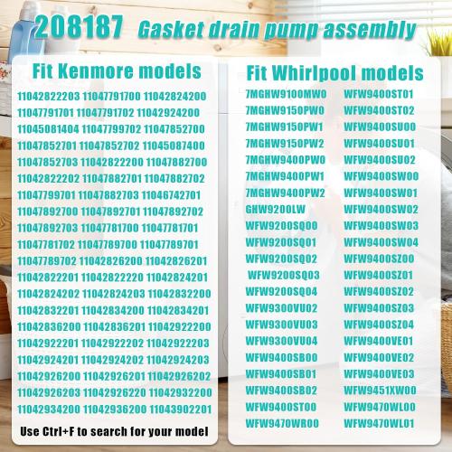Upgraded 280187 8181684 Front Load Clothes Washer Drain Pump Filter Assembly, 120V 60Hz 0.70W 0.95A, 1200164 Drain Pump Compatible with Whirlpool Duet Maytag Epic Kenmore HE Front Load Washers