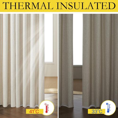 NICETOWN Natural Thick Linen Blend 100% Blackout Curtains 70 Long 2 Panels Set for Bedroom, 34 Wide, Rustic Grommet Thermal Insulated Flax Textured Full Blackout Window Draperies with White Liners