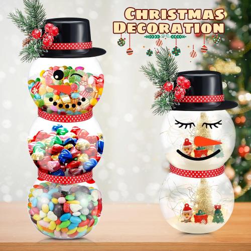 Set of 8 Christmas Candy Jars Snowman Cookie Jar with Lids for Party Favors Clear Plastic Xmas Jars Storage with Pine Snowman Stickers Ribbon for Xmas Party Gifts Packaging Crafts Decoration