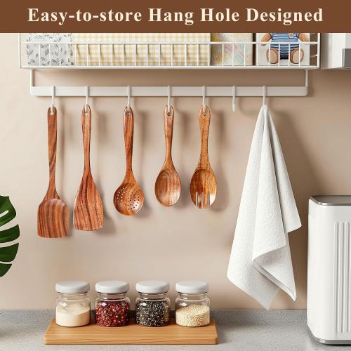 Wooden Spoons for Cooking, **12 Pcs *Teak Wood Kitchen Utensils Set with Spoon Rest - Nonstick Heat Resistant Wooden Cooking Utensils, Natural Healthy Spatula Set for Pots and Pans