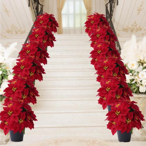 16“ Artificial Poinsettias Flowers for Outdoors Red Faux Christmas Poinsettia Plant 11 Heads Winter Flowers for Front Porch Garden Yard Patio Decor