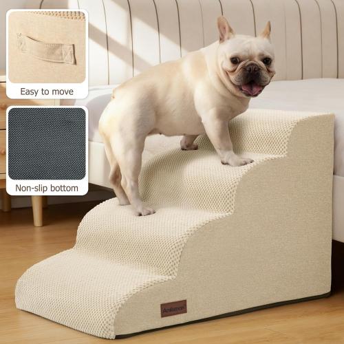 Aodisman Dog Steps for Bed and Couch,4-Step Dog Stairs and Ramp for Small Dogs & Cats,Indoor Anti-Slip Pet Stairs for Old Cats and Puppy,Beige