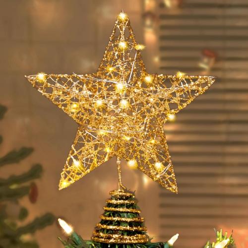 Joiedomi 8 inch Christmas Gold Glitter Star Tree Toppers Metal Lighted with 20 LED Lights for Xmas Decorations, Holiday Party Indoor Decor