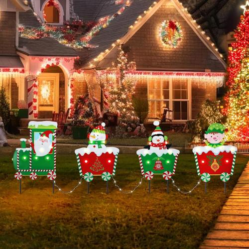 WONDER GARDEN Christmas Metal Yard Stakes, Lighted 3 Pack Christmas Garden Stakes Yard Signs, Outdoor Decorations Train with Santa, Snowman, Penguin, Boy for Lawn Party Outside