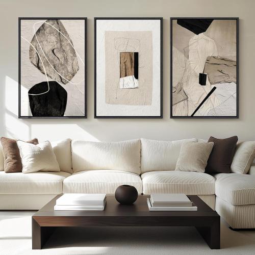 Size 24x36 Large Framed Neutral Abstract Wall Art for Living Room, 3 Piece Modern Canvas Prints Paintings Artwork for Walls, Black and Beige Pictures for Living Room Hallway Stair Office Wall Decor 24x36 Inch