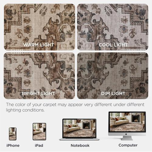 Joydeco 8x10 Area Rugs for Living Room, Non Slip Machine Washable Vintage Rug, Low Pile Chenille Print Rugs for Bedroom, Dining Room, Home Office, Pet & Child Friendly, Light Coffee