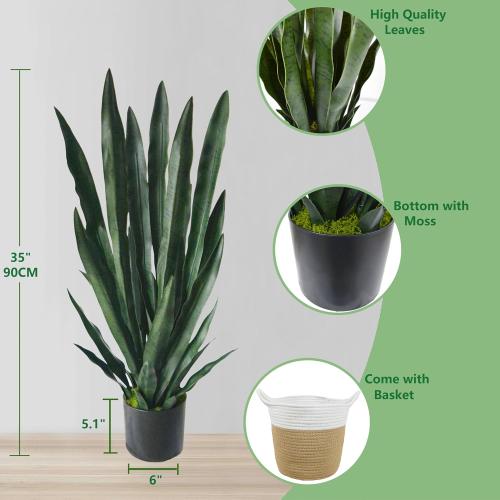 Artificial Snake Plant, 3ft Fake Sansevieria with Basket, 35 Fake Mother in Law Plants, Perfect Faux Potted Plant Greenery for Indoor Home Office Store Lifelike Decoration (Green)