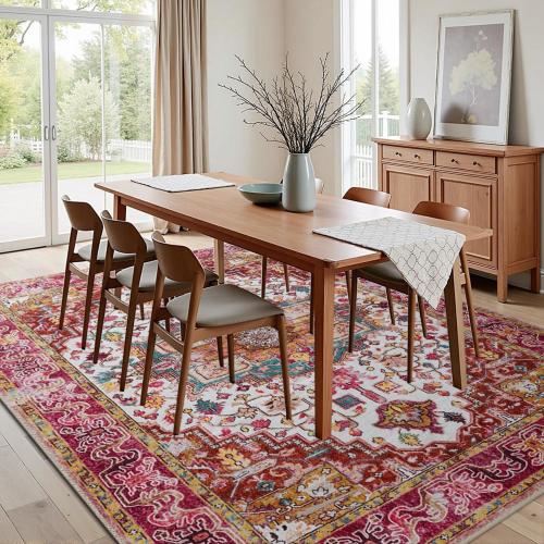 Large Area Rug for Living Room, Machine Washable Vintage Rugs -Low Pile Carptet, Soft Distressed Floral Rugs for Kitchen, Dining Room, Bedroom, Plum