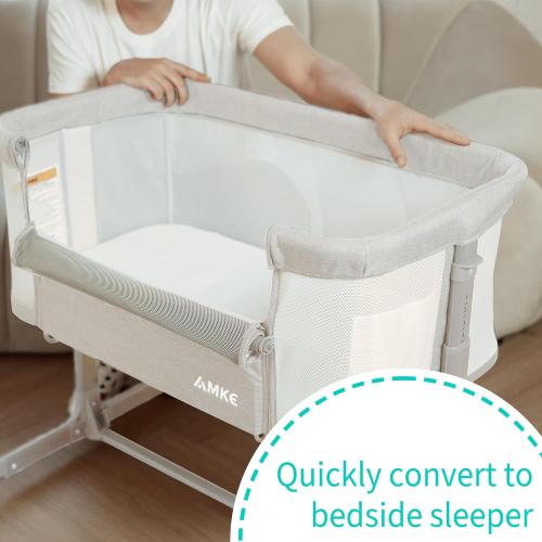 AMKE Baby Bassinets, Bedside Sleeper for Baby,All mesh Baby Crib Portable Bassinets for Safe Co-Sleeping, Safe Adjustable Baby Bed for Baby Infant Newborn Girl Boy (Ivory-White)