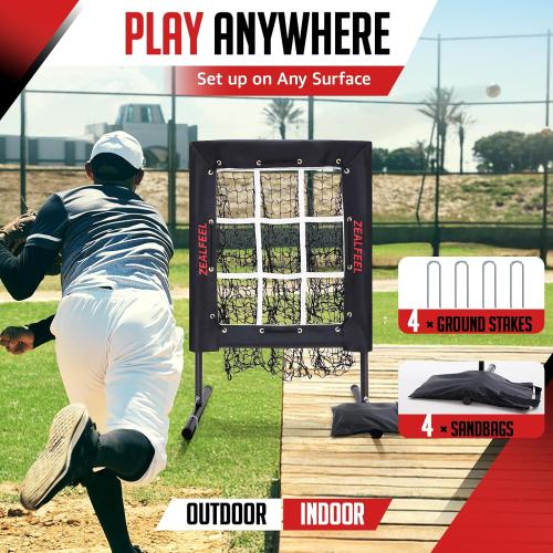 ZEALFEEL 9 Hole Baseball Pitching Net with Strike Zone & Carry Bag | 5 Height Adjustable, Durable Tear-resistant Netting, Lightweight & Quick Setup, Baseball Softball Training for Teens & Adults