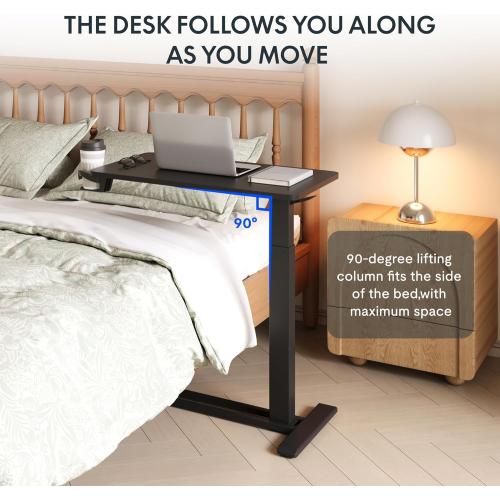 FLEXISPOT H7 Adjustable Overbed Bedside Table with Wheels Pneumatic Mobile Standing Desk Laptop Desk Rolling Computer Cart Movable Overbed Tables Hospital Home Use(27.6 W x 15.7 D, Black Table)