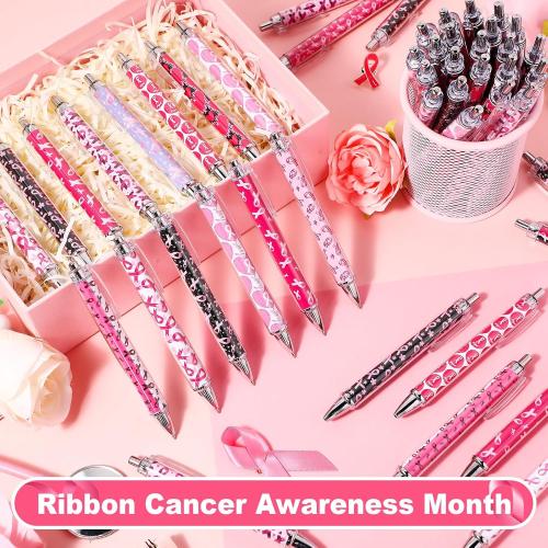 150 Pcs Pink Ribbon Pens Bulk Breast Cancer Awareness Holiday Novelty Pens 0.5 mm Retractable Black Ink Decorative for Office School Party Favor Supplies Women Gift