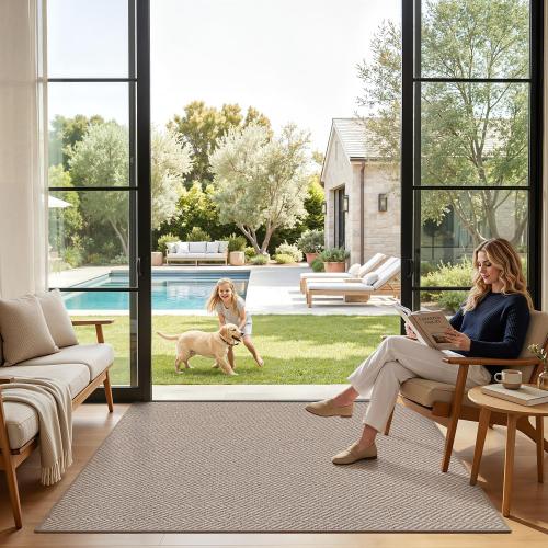 LUMI Ultra Thin Indoor Door Mat for Entrance 36x56, Non Slip Entryway Mat, Low Profile Doormat, Unique Herringbone Design Carpet for Inside, Patio, Porch, Dark Beige