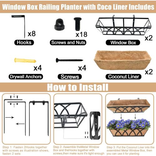 Flat Railing Planter Window Box 2 Pack 24 Horse Trough Planter with Coco Fiber Liner Metal Window Planters Box Deck Balcony Rail Planters for Outdoor Porch Fence Patio
