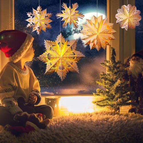 Baquler 12 Pcs Winter Paper Snowflake Lanterns with LED Light 19.7'' Large 3D Paper Star Lanterns Hanging Snowflake Lamps for Winter Weddings Holiday Party Decor (White)