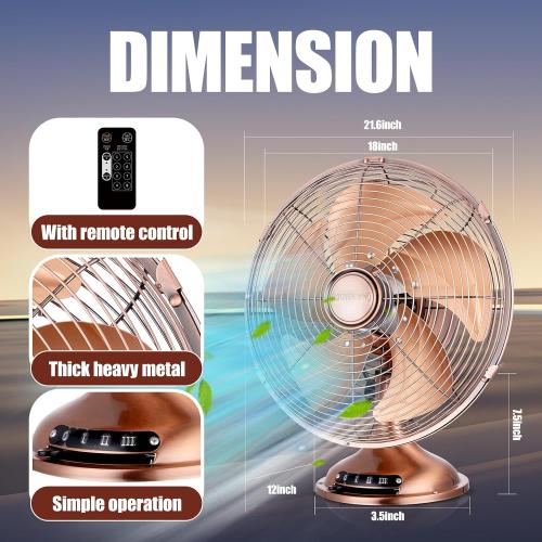 Size 12 Color Copper Oscillating Vintage Fan, All Metal 12 Retro Table Top Fan, Adjustable Head Tilt, Quiet 3 Speeds Plug-In Desk Fan for Bedroom Home Office & Kitchen