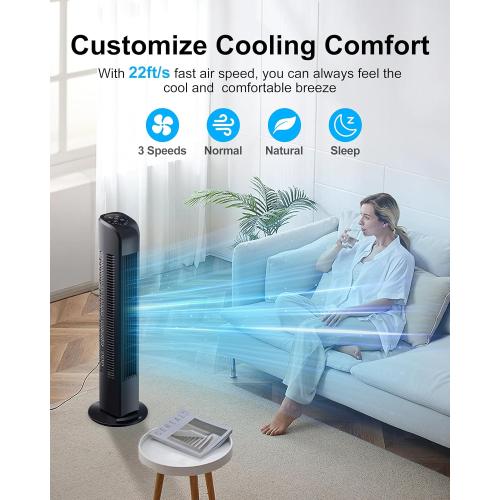 (NO REMOTE) Oscillating Tower Fan with Remote, Electric Standing Tower Fan Floor Fan for Bedroom Indoor Office and Home Use,Quiet Cooling Portable Bladeless Tower Fans, 30 inchs, Black Tower Fan