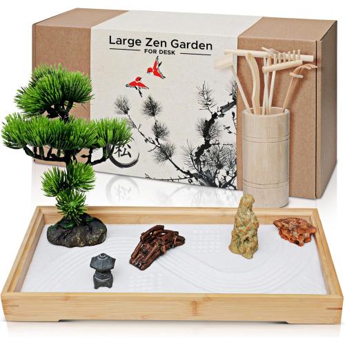 ENSO - Japanese Zen Garden for Desk - Extra Large 16 x 8 Desktop Mini Zen Garden with White Sand, Artificial Bonsai Tree, Rocks, Rakes & Accessories - Zen Gifts Sand Garden Kit for Office Decor