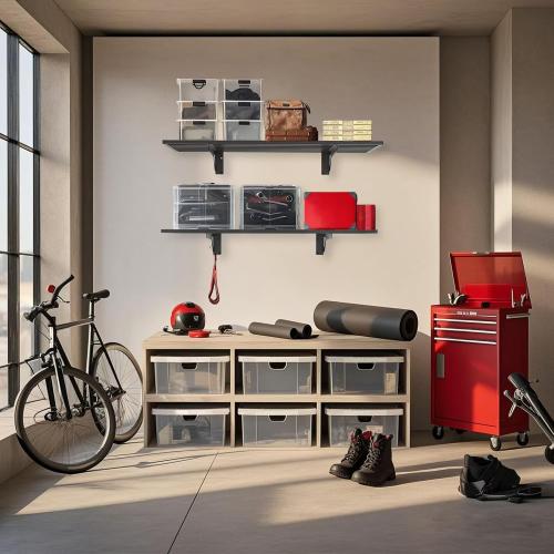 2 Pack Garage Wall Mounted Shelf System, 3.87'×1.64' Heavy Duty Steel storage Shelving with 6 Hooks, 2 shelves with stands 600lbs, Black