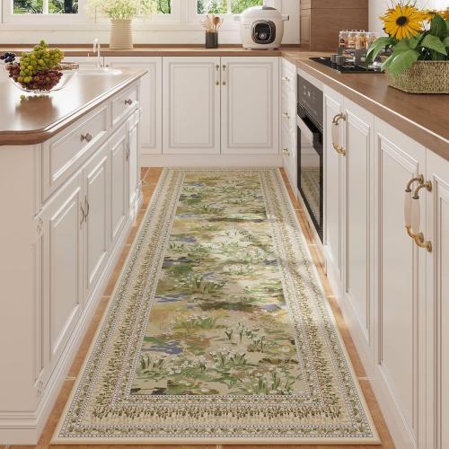 Rugcomf Runner Rug Impressionist-Style Vintage Kitchen Rugs Non Slip Washable Soft Carpet Runner for Kitchen Laundry Bedroom Bathroom, Beige