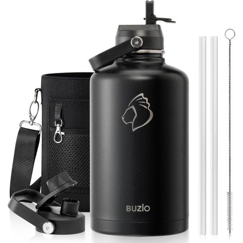BUZIO Vacuum Insulated Stainless Steel Water Bottle 87oz (Cold for 48 Hrs/Hot for 24 Hrs) Half Gallon BPA Free Double Wall Travel Mug/Flask for Outdoor Sports Hiking, Camping, Running, Black