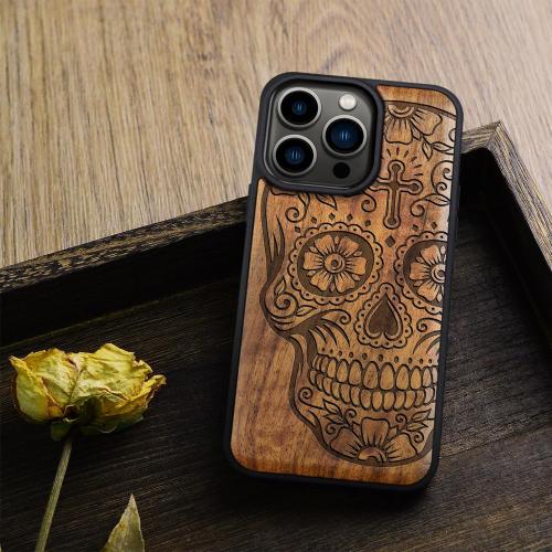 Carveit Magnetic Wooden Case for iPhone 15 Pro Case, Compatible with MagSafe Wireless Chargers, Black Soft TPU Shockproof Cover & Wood Artisan Engraved (Sugar Skull) - Walnut