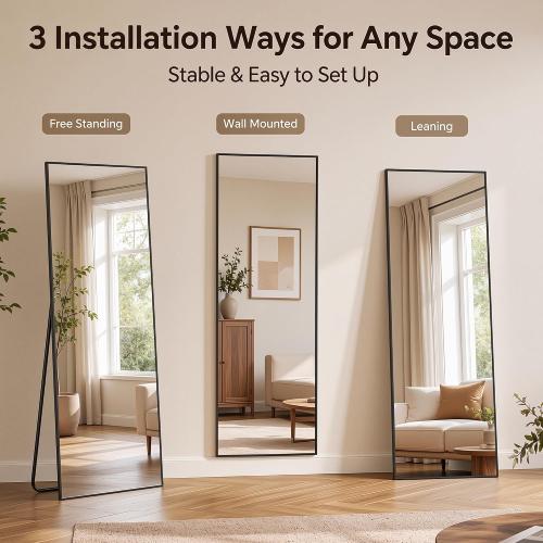 Antok Full Length Mirror, 56x14 Floor Mirror with Stand, Hanging Mounted Mirrors for Bedroom, Living Room, Cloakroom, Dining Room, Black, Rect