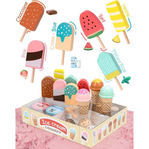 Toyssa Wooden Ice Cream Toys Kids Pretend Play Store Toys for Toddlers Girls 3 4 5 6, Wooden Food Christmas Birthday Gifts Play Kitchen Accessories for 2 3 4 5 Year Old Girls Boys