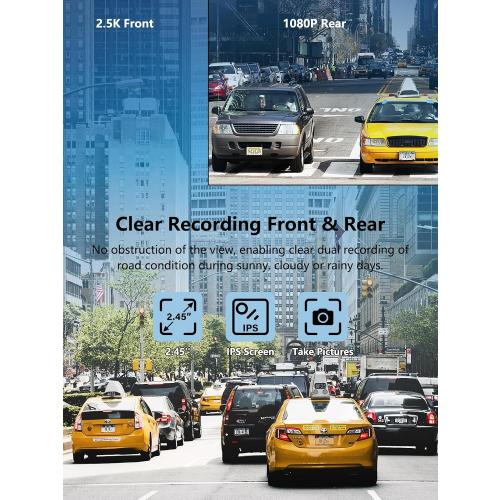 Dash Cam Front and Rear, 2.5K 1080P Dual Dash Camera for Cars with 32GB SD Card, 2.45 inch IPS Screen, 2 Mounting Ways, Night Vision, WDR, Accident Lock, Loop Recording, Parking Monitor