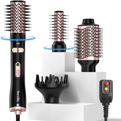 Pink and Black Terviiix 4-in-1 Hot Air Rotating Blow Dryer Brush Kit – 1000W with Rotatable Round Brushes (2 Sizes), Oval Volumizer, and Diffuser – Ideal for Curly Hair, with Arthritis-Friendly Big Buttons, Black